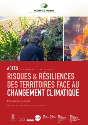 Couverture des actes du colloque Risques et résiliences des territoires face au changement climatique, ICOMOS France