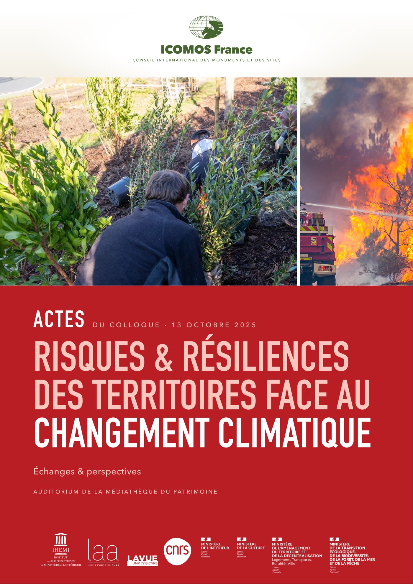 Couverture des actes du colloque Risques et résiliences des territoires face au changement climatique, ICOMOS France